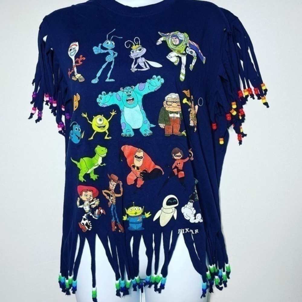 Disney Pixar Character Toy Story Monsters Inc Nemo Upcycled Beaded Fringe Tee